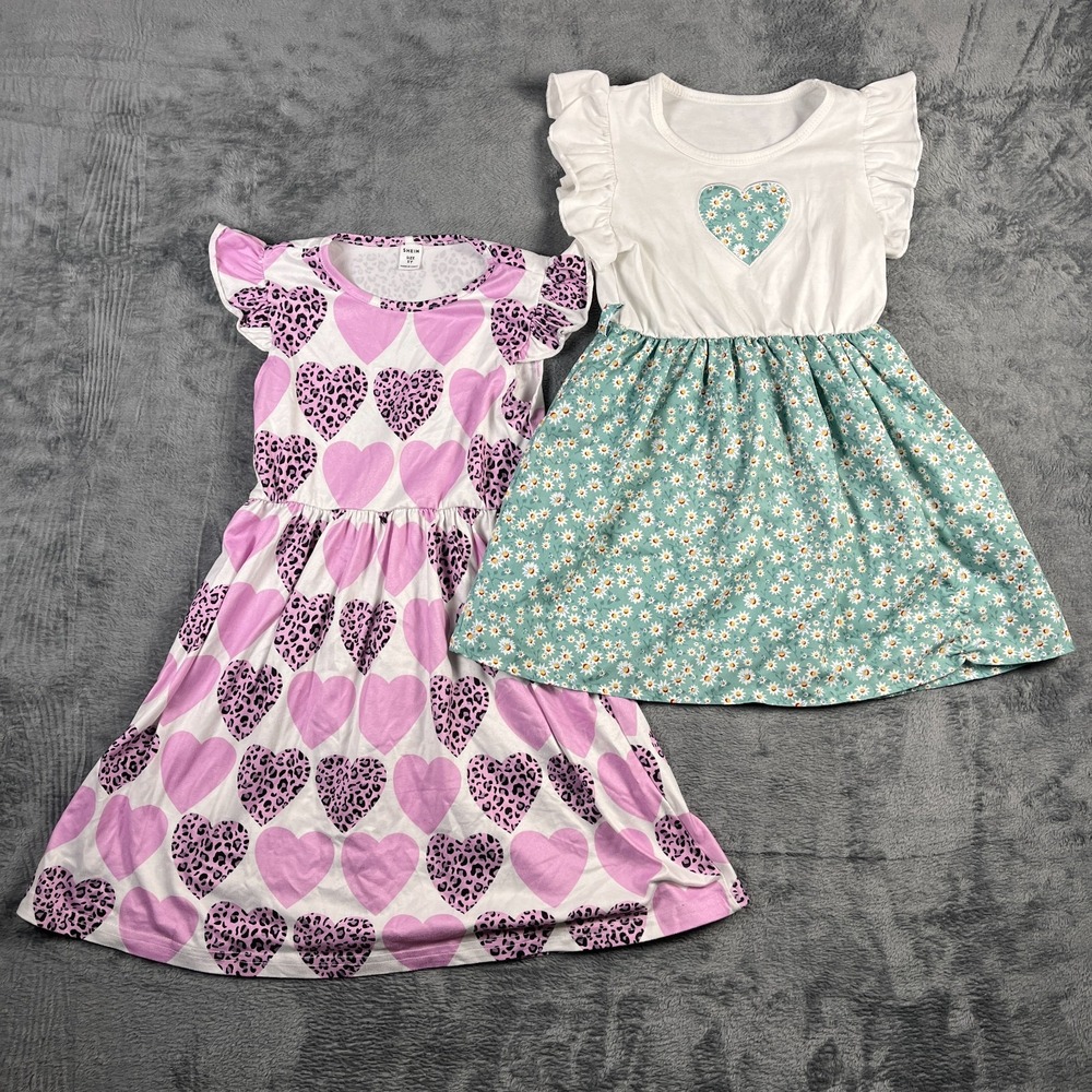 Shein Girls Dress Lot 2 5Y Pink Leopard Heart Valentines Day Teal Floral Daisy